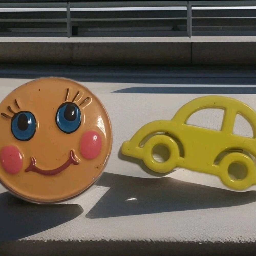 2 Vintage Pop Art Pins Yellow Volkswagon and Enamel Painted Happy Face MCM